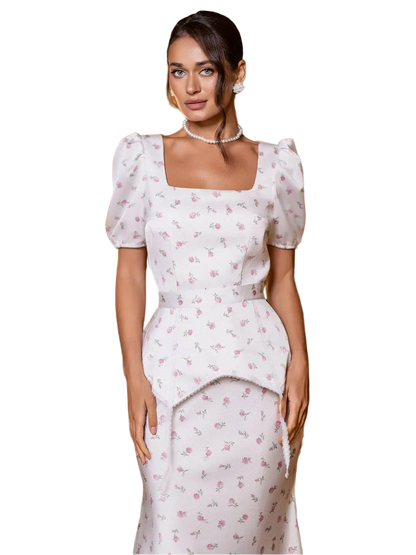 Ivory Floral Peplum Dress Exclusive Print Double Sided Satin
