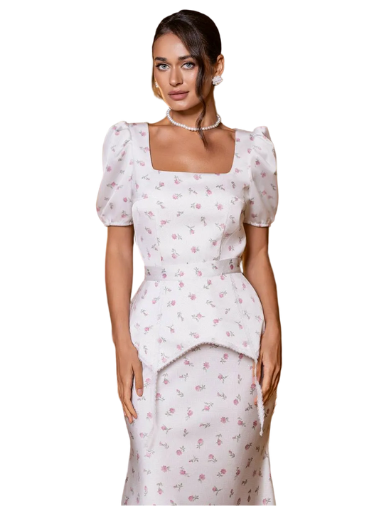 Ivory Floral Peplum Dress Exclusive Print Double Sided Satin
