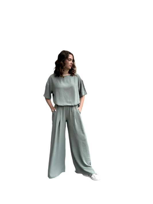 Stylish Women Wide Leg Culottes and Loose Fit T-Shirt Suit Light American Crepe Fabric