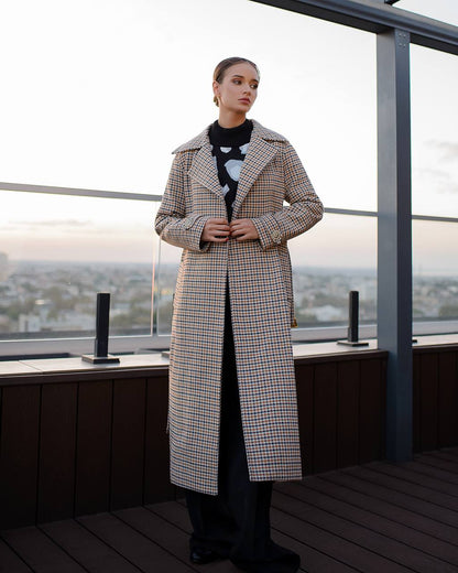 Womens Turkish Fabric Houndstooth Pattern Long Coat with Belt