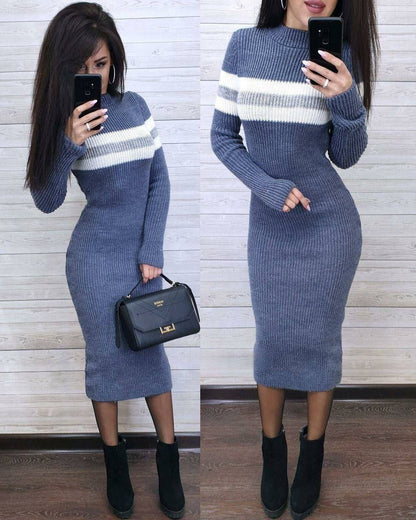 Two images of a person wearing a blue and white striped sweater dress against a light wooden panel background.