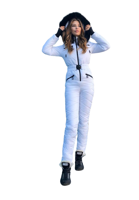Insulated Women's Ski Jumpsuit with Natural Black Fox Fur Hood Trim and Water-Repellent Fabric