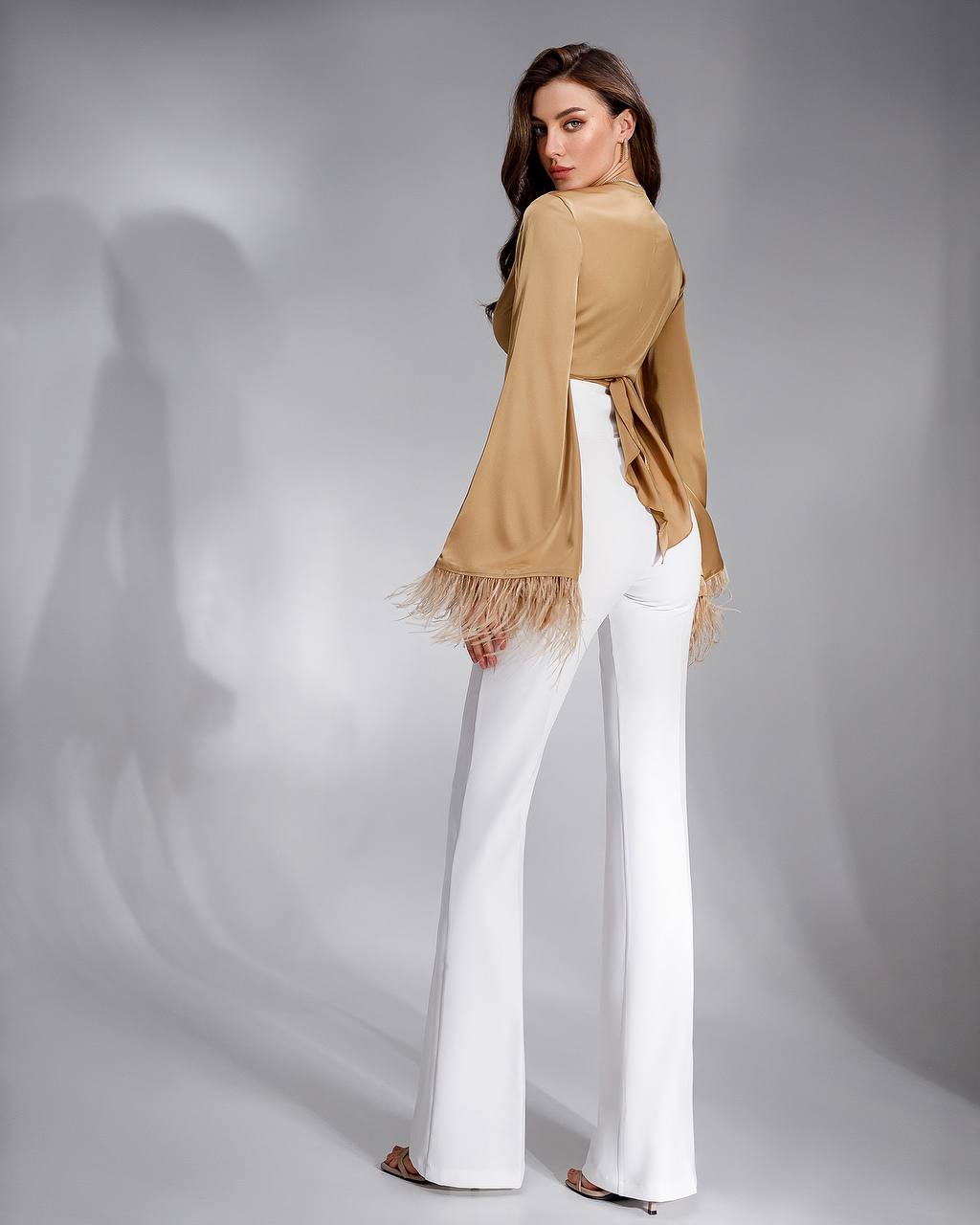 Womens Silk Blouse Top with Feather Trim in Gold