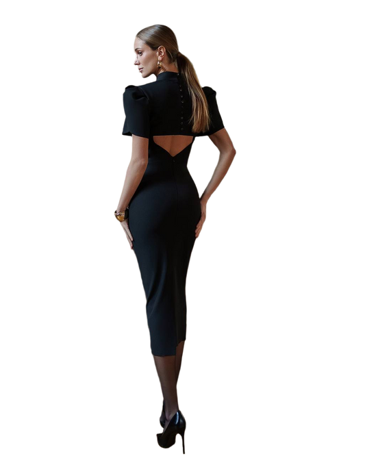 Elegant Black Midi Dress with Puff Sleeves and Cutout Back