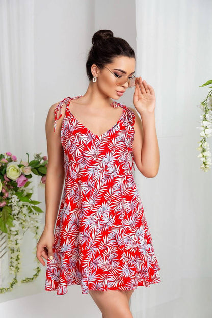 Printed Linen Sundress Women Summer Red Leaf Print