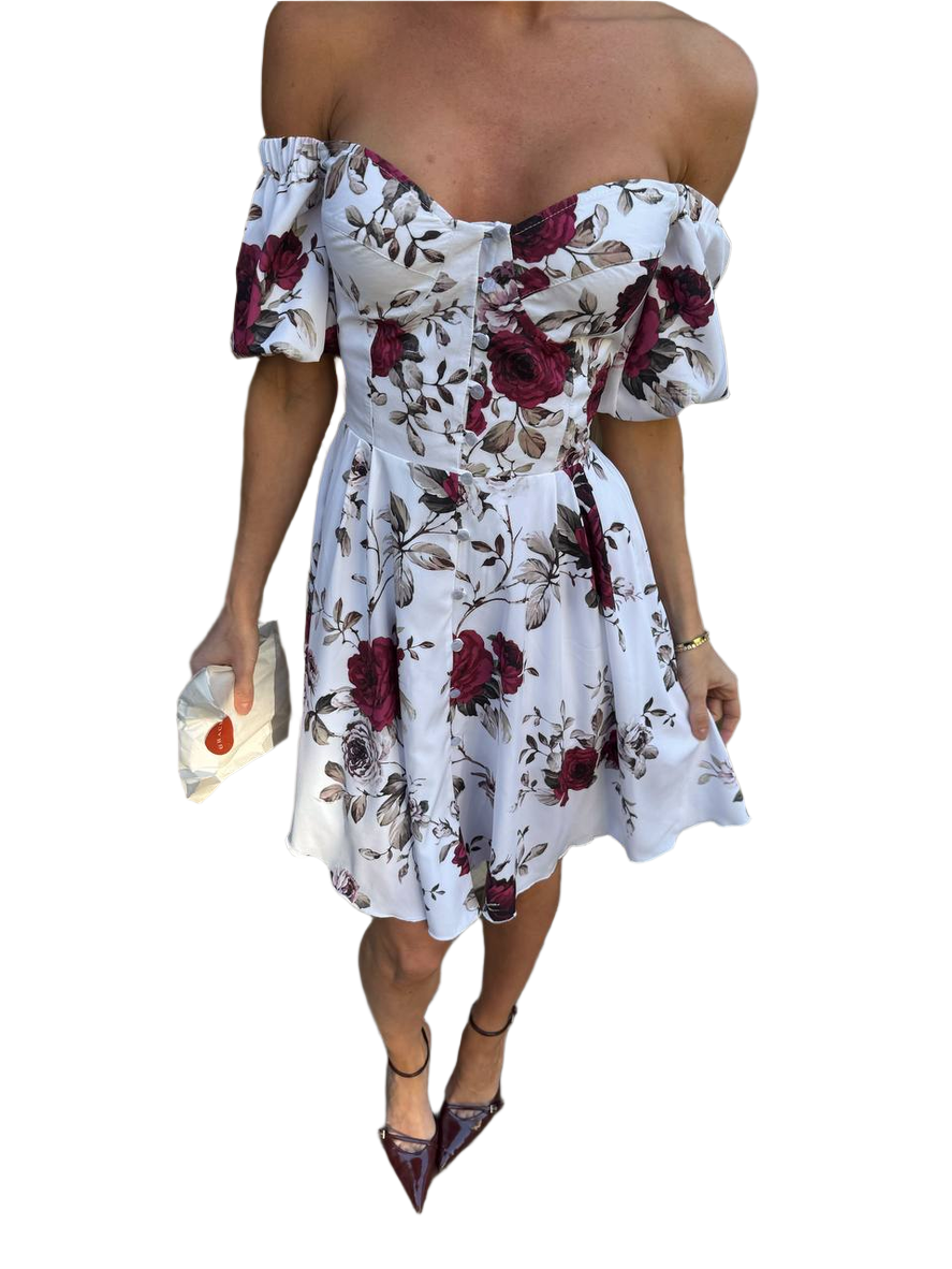 Women Off Shoulder Floral Cotton Dress with Elastic Smocking Back