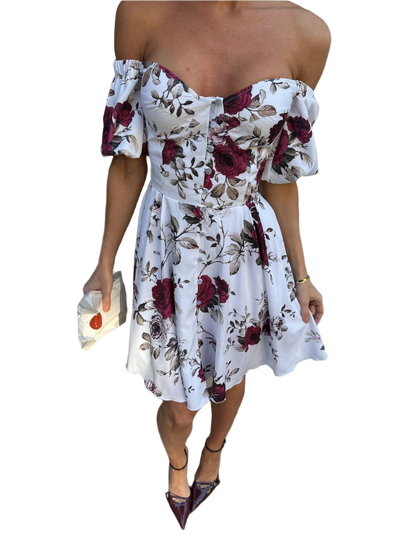 Women Off Shoulder Floral Cotton Dress with Elastic Smocking Back