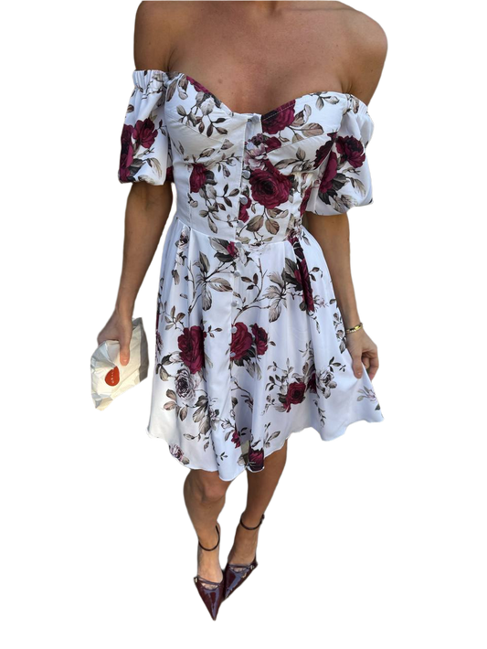 Women Off Shoulder Floral Cotton Dress with Elastic Smocking Back