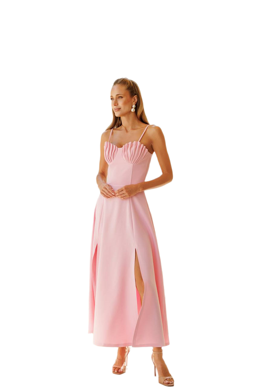Elegant Pink Diagonal Crepe Dress with Slit and Pleated Bust