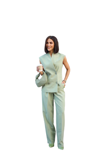 Womens Double Breasted Sleeveless Vest and High Waist Pants Suit Set