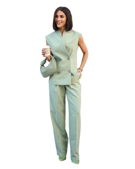 Womens Double Breasted Sleeveless Vest and High Waist Pants Suit Set