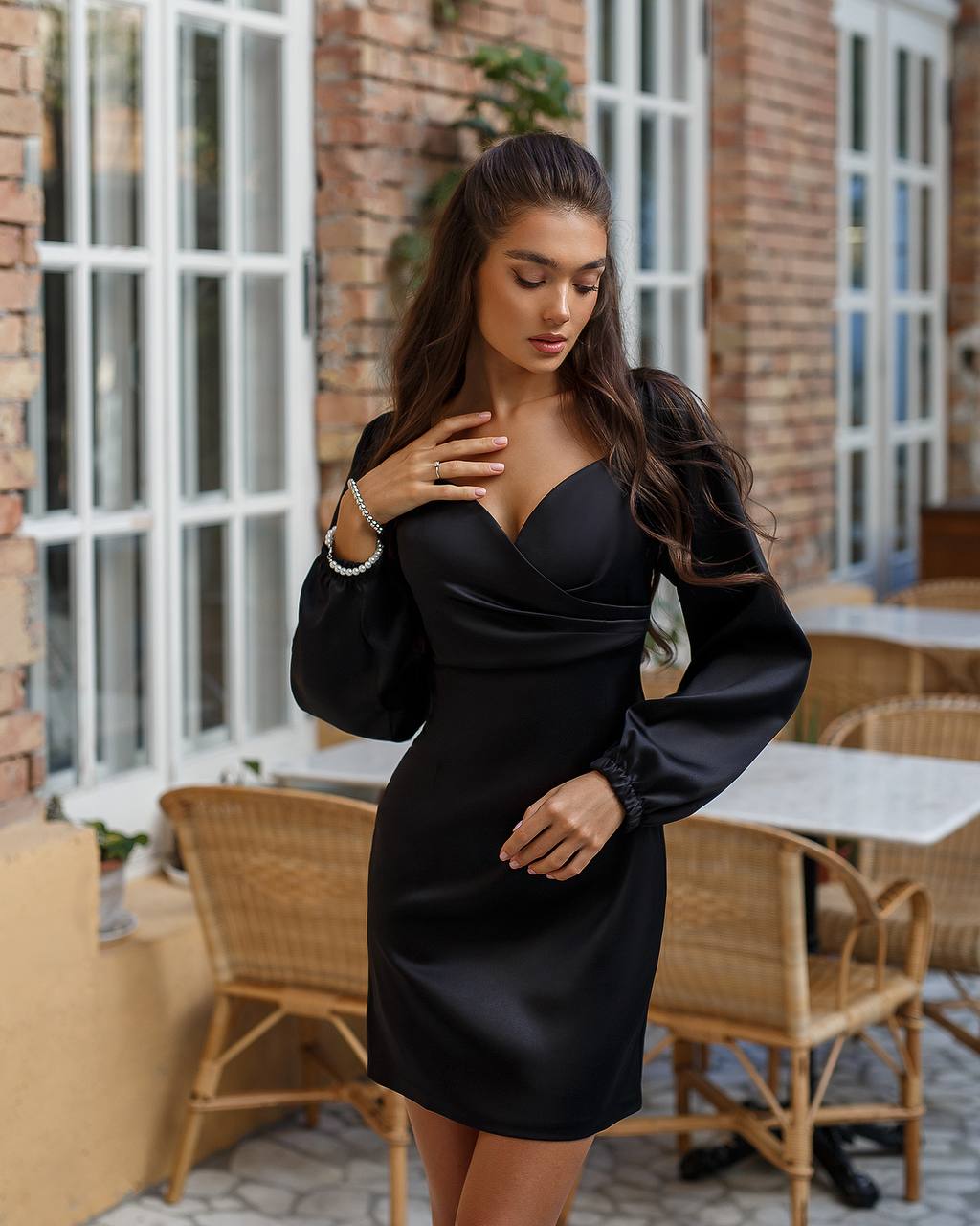 Womens Satin Off Shoulder Mini Dress with Puff Sleeves