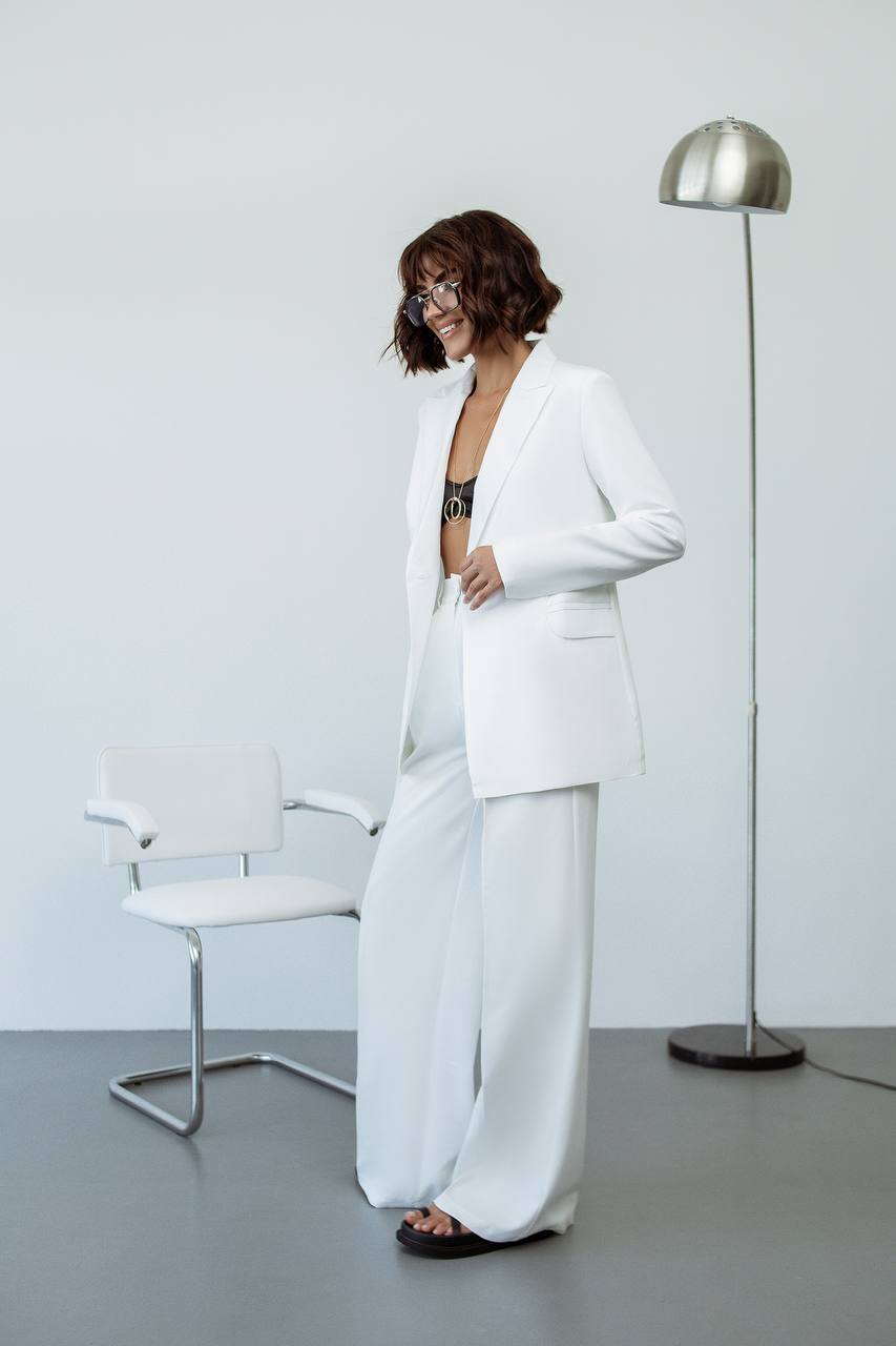 White Palazzo Suit Diagonal Crepe Womens Pantsuit with Premium Lining