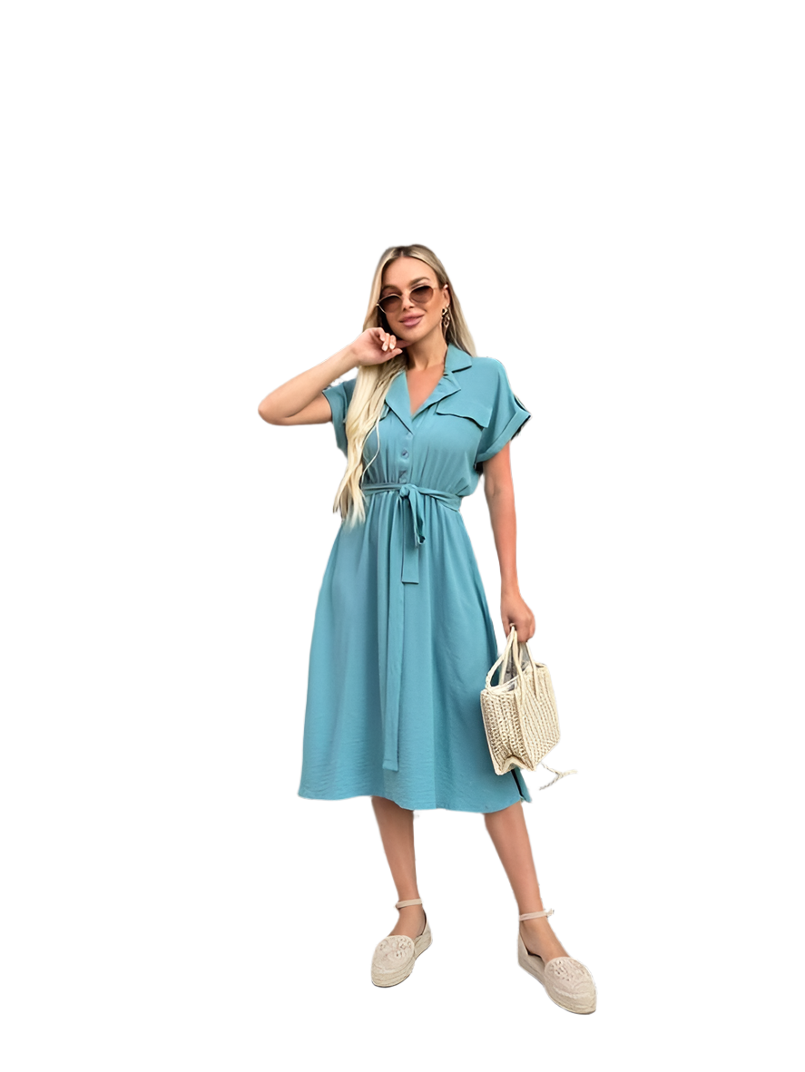 Light Blue Summer Dress with Elastic Waist and Side Pockets
