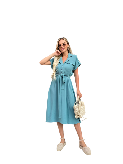 Light Blue Summer Dress with Elastic Waist and Side Pockets