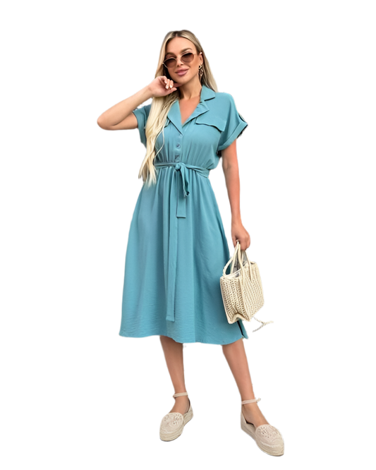 Light Blue Summer Dress with Elastic Waist and Side Pockets