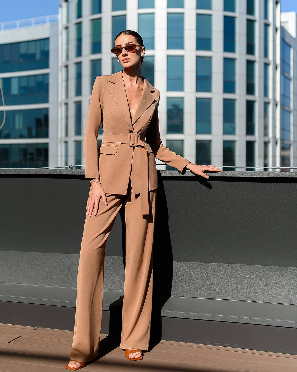 Stylish Beige Suit Set with Belted Jacket and Wide Leg Pants