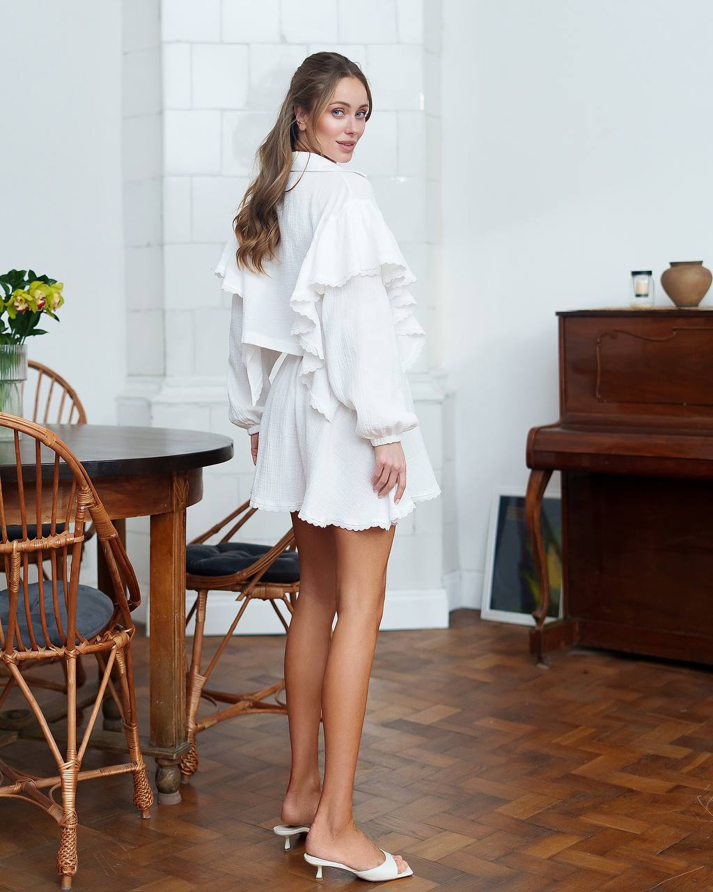 Women's Muslin Two-Piece Set Shirt and Skirt in Milk with Hearts Print