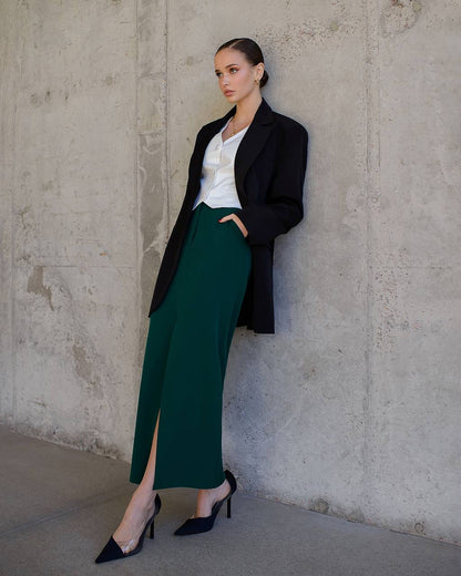 Women Elegant Midi Skirt with Front Slit in Emerald Green