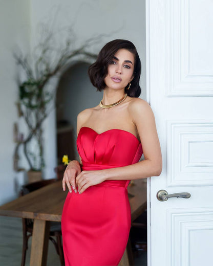 Elegant Satin Strapless Midi Dress for Women in Multiple Colors