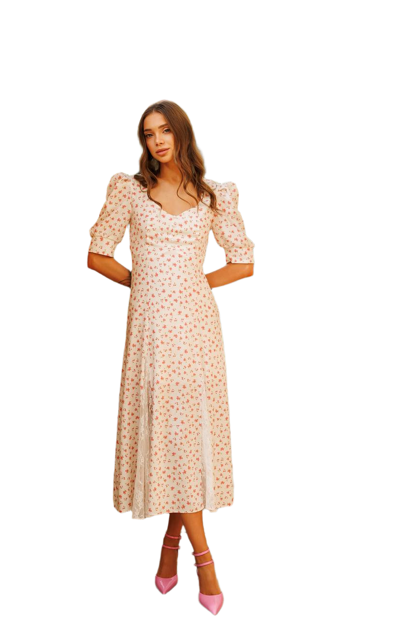 Elegant Pink Floral Dress With Puff Sleeves And Guipure Details