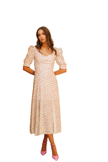 Elegant Pink Floral Dress With Puff Sleeves And Guipure Details