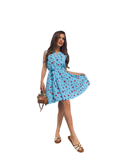 Lightweight Blue Summer Dress with Elastic Waist and Belt