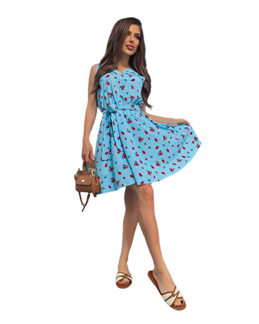 Lightweight Blue Summer Dress with Elastic Waist and Belt