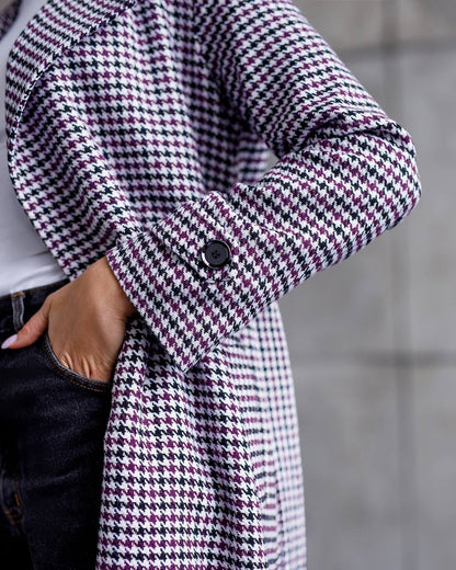 Womens Turkish Fabric Houndstooth Pattern Coat Long Trench Style Belted