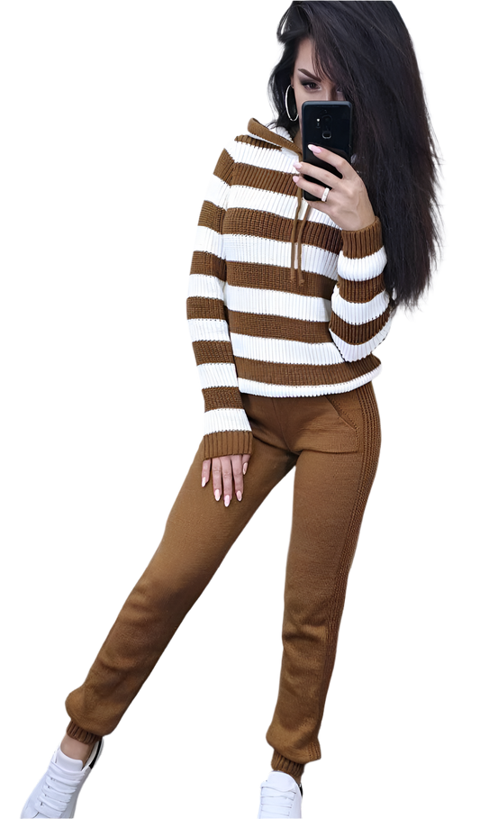 Warm Women's Knitted Suit with Striped Hoodie and Pants