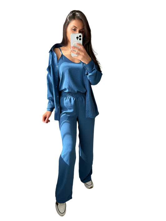 Womens Three-Piece Lounge Suit Blue Crepe Jersey Set