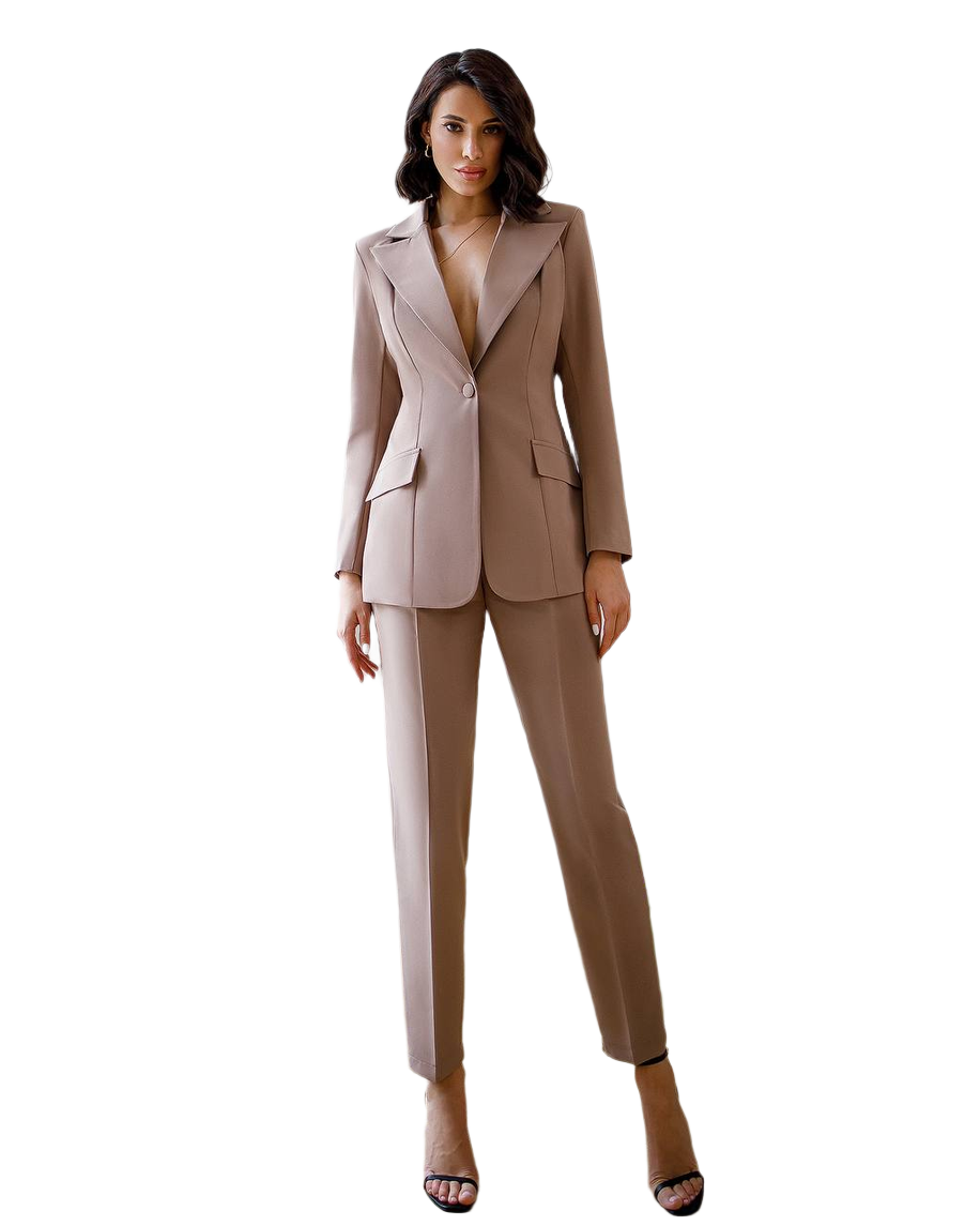 Elegant Womens Suit Jacket and Trousers Set in Soft Brown Crepe Diagonal