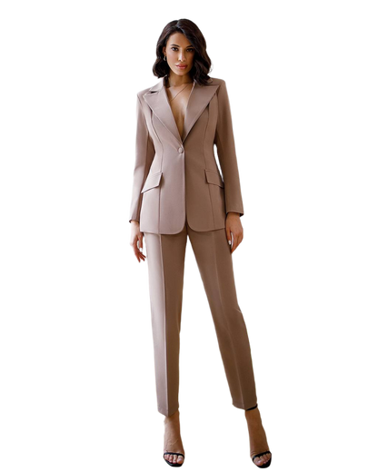 Elegant Womens Suit Jacket and Trousers Set in Soft Brown Crepe Diagonal
