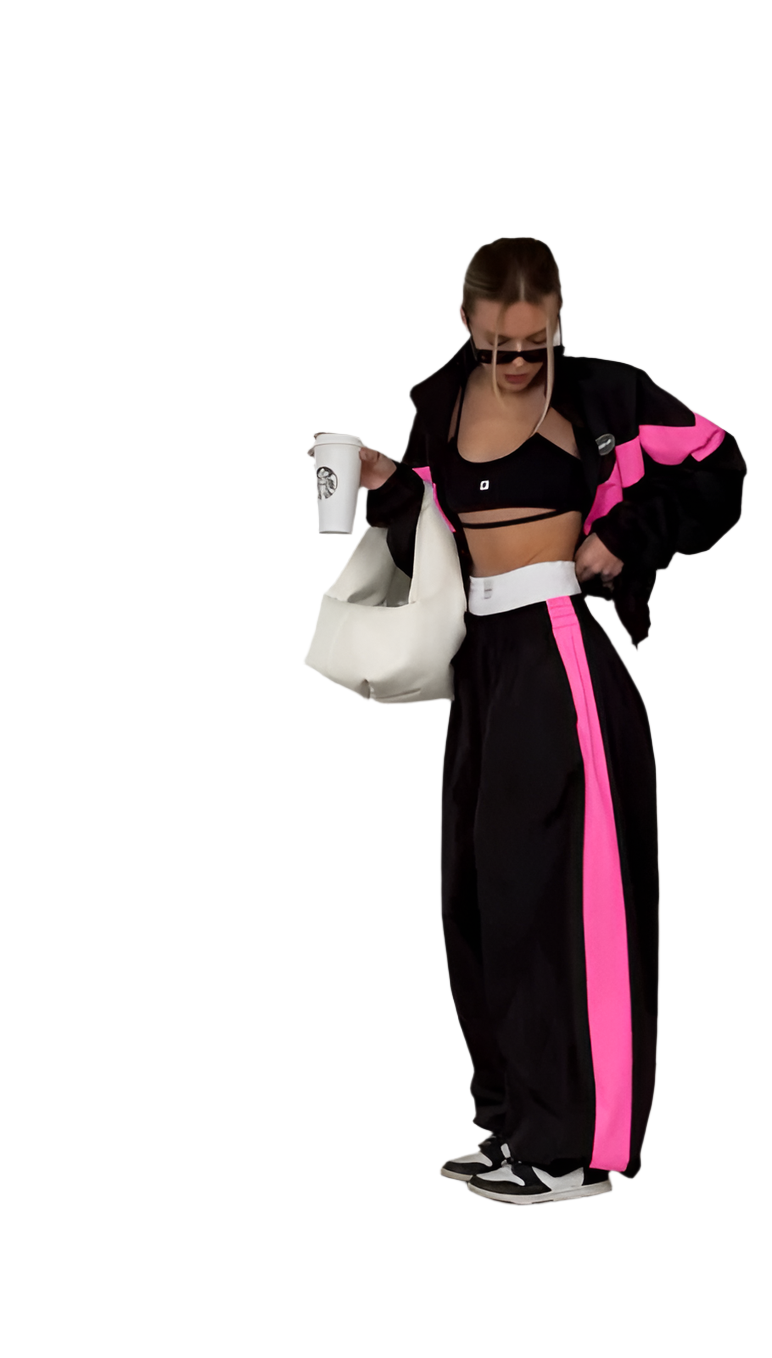 Oversized Trendy Two-Piece Tracksuit Black with Pink Accent