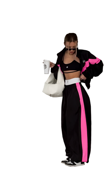 Oversized Trendy Two-Piece Tracksuit Black with Pink Accent