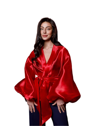 Womens Red Satin Blouse Tunic with Balloon Sleeves and Waist Tie