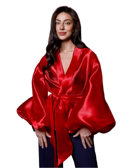 Womens Red Satin Blouse Tunic with Balloon Sleeves and Waist Tie