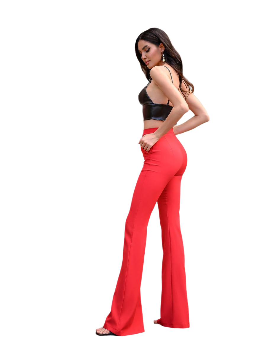 Woman wearing a black top and red flared pants on a white background
