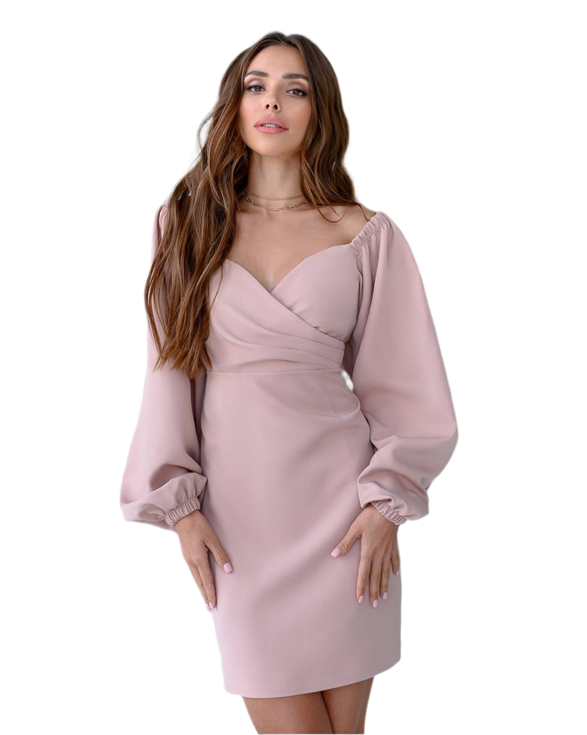 Elegant Blush Pink Mini Dress with Puff Long Sleeves