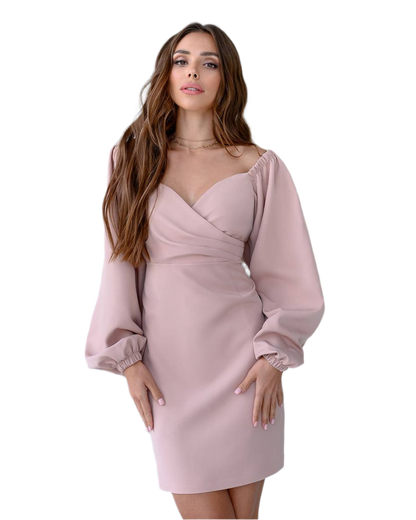 Elegant Blush Pink Mini Dress with Puff Long Sleeves