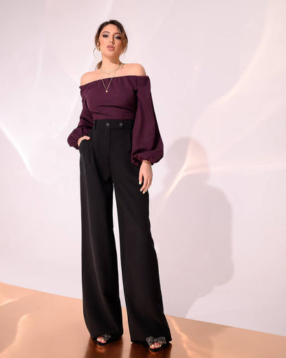 Women's Wide Leg Trousers in Suit Diagonal Crepe