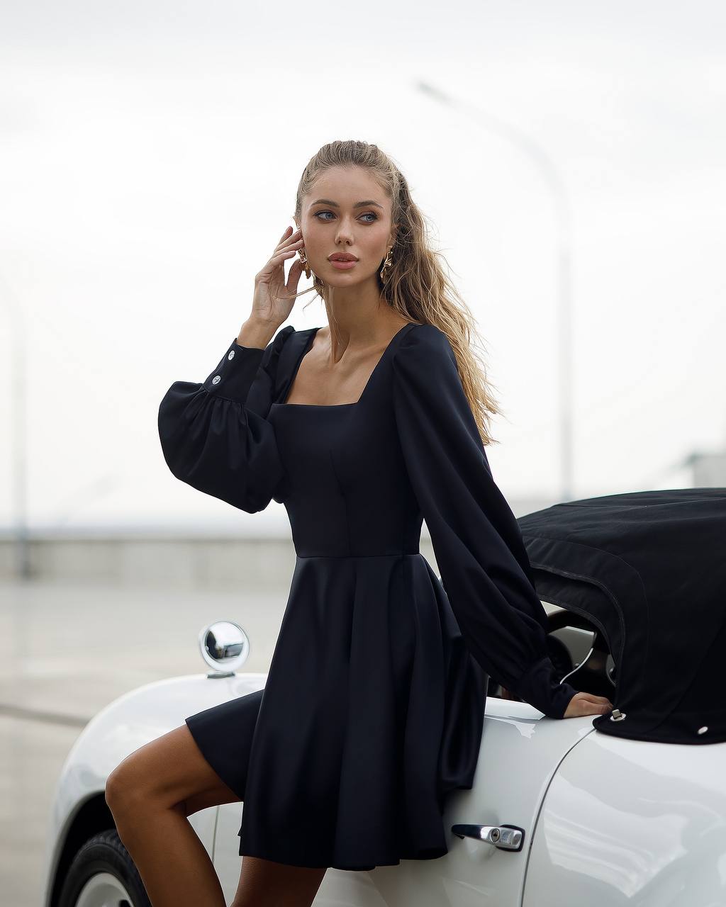 Elegant Black Satin Mini Dress for Women with Long Puff Sleeves