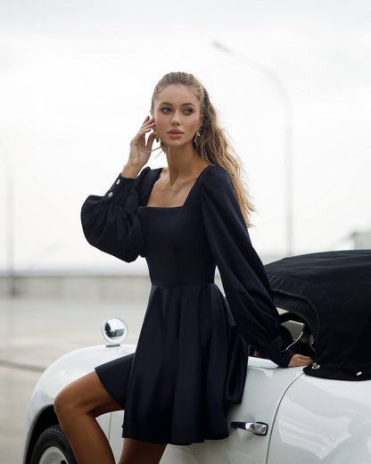 Elegant Black Satin Mini Dress for Women with Long Puff Sleeves
