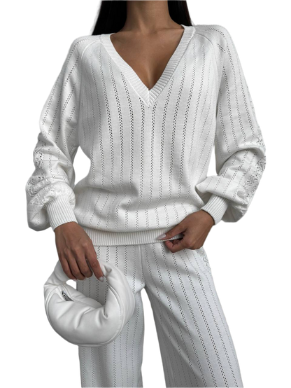 Spring Womens White Knit Suit with V Neck and Wide Leg Pants