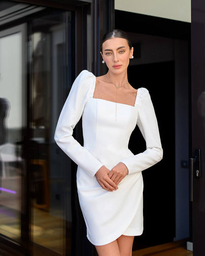 Elegant Off Shoulder Mini Dress in Premium Diagonal Crepe