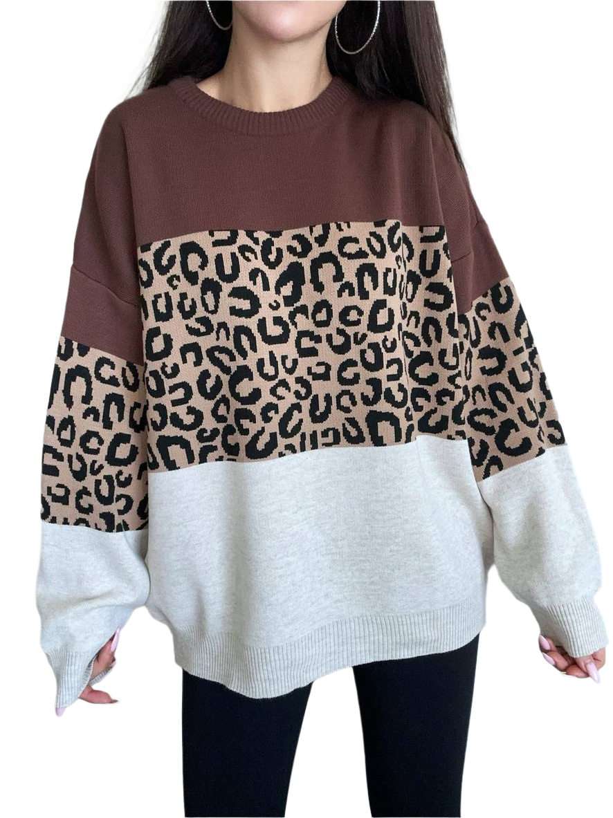 Womens Colorblock Leopard Pattern Sweater Fine Knit
