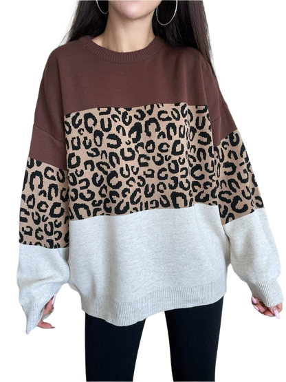 Womens Colorblock Leopard Pattern Sweater Fine Knit