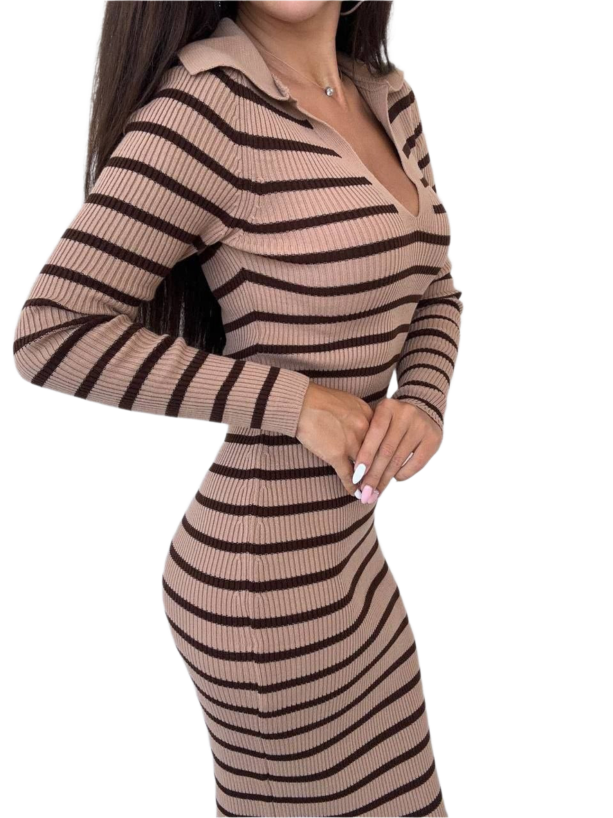 Beige and brown striped dress worn by a model on a white background