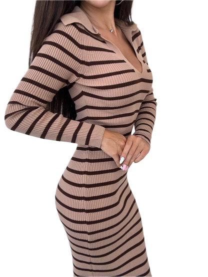 Beige and brown striped dress worn by a model on a white background