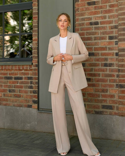 Womens Polished Tiar Lux Fabric Suit Beige Jacket and Pants